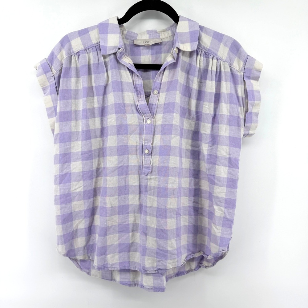 LOFT Button Down Shirt Gingham Small Purple Womens Linen Blend Casual Top